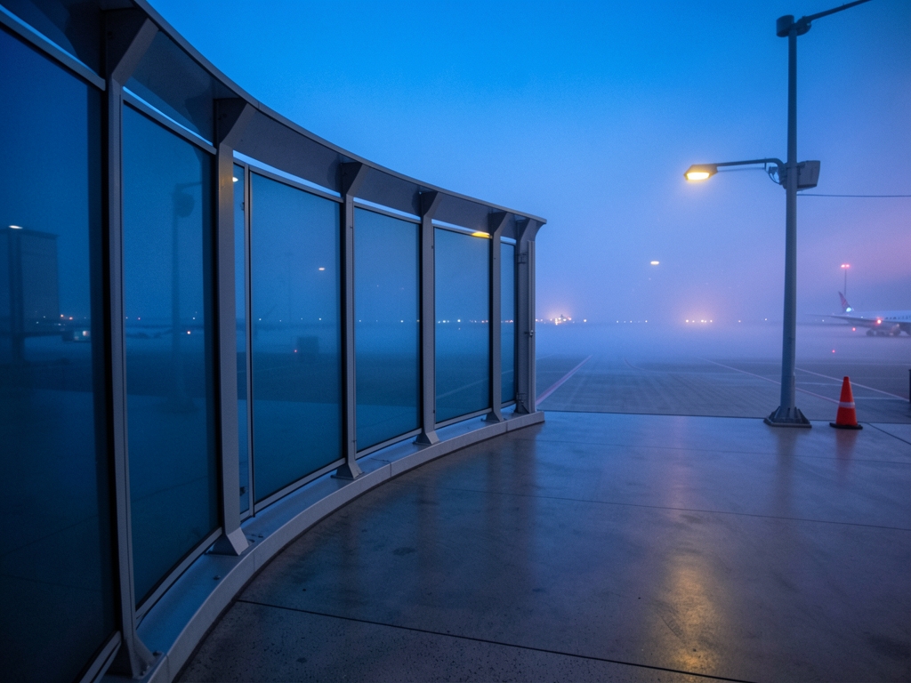 Cool blue hour settles over misty tarmac viewed