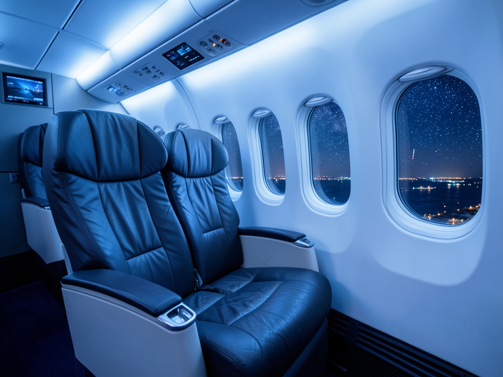 Business class airplane cabin night crossing Atlantic soft blue white