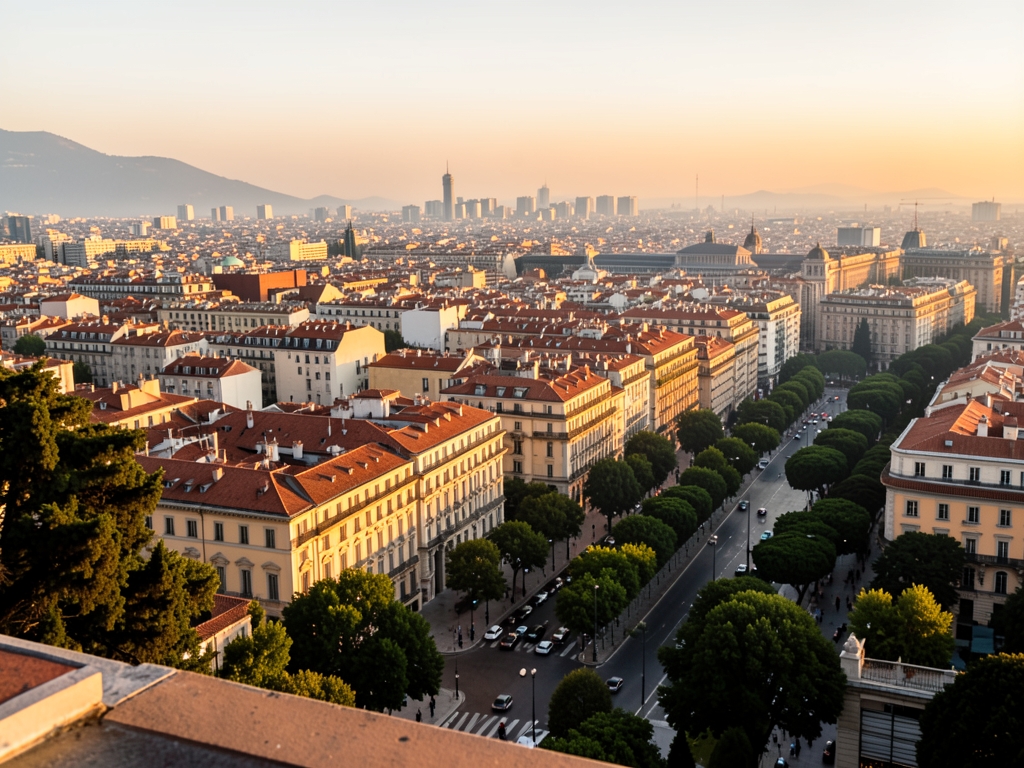 Madrid city skyline golden hour with terracotta rooftops