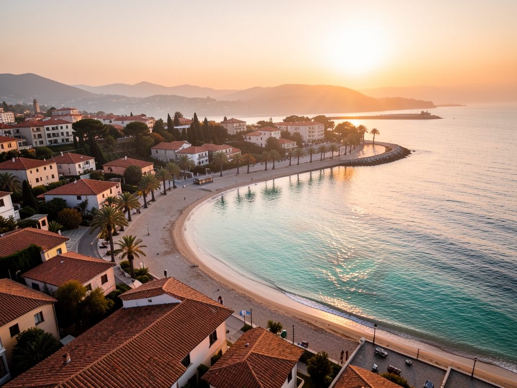 Soft aerial dusk view along curved sandy bay