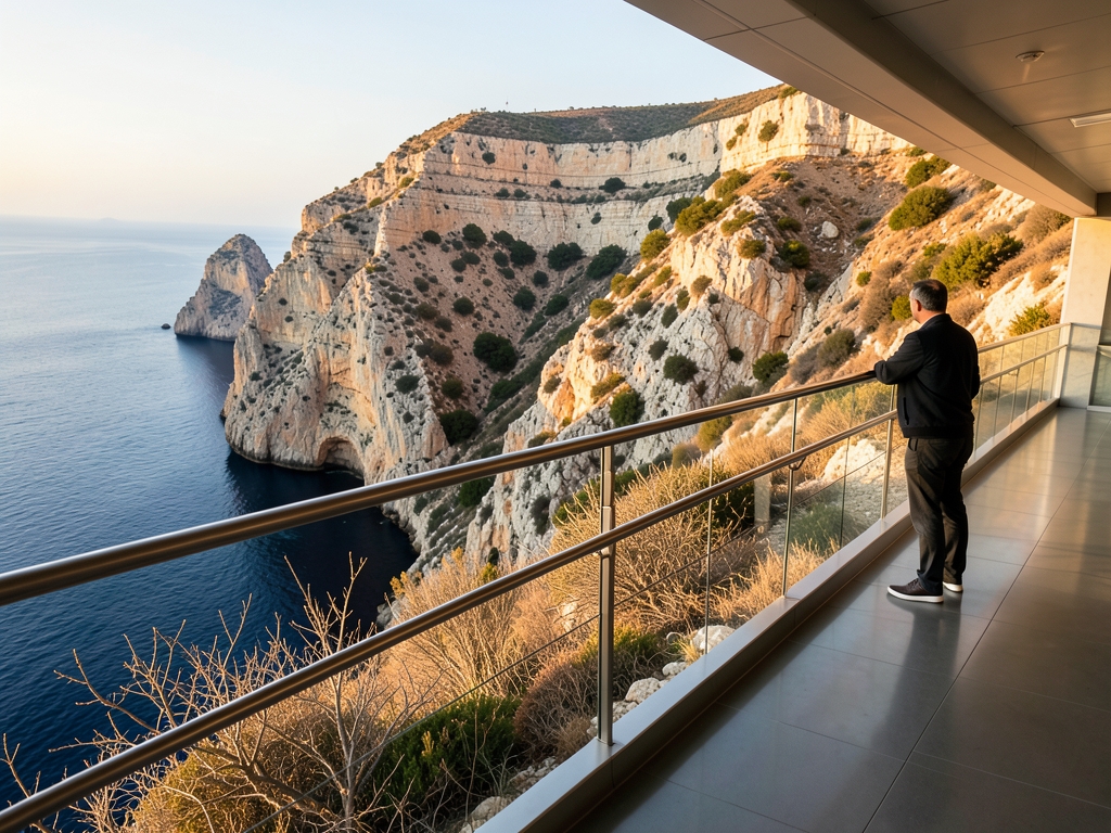 quiet airport balcony journey overlooking Mediterranean cliffs golden