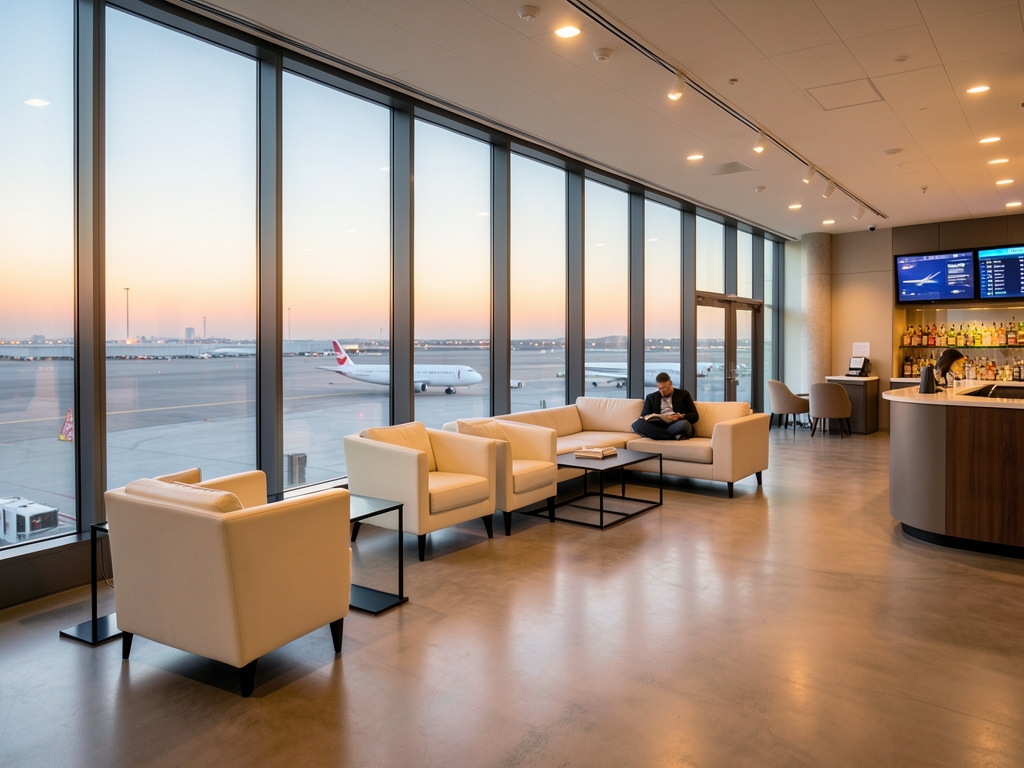 Modern airport lounge with floor to ceiling windows soft evening