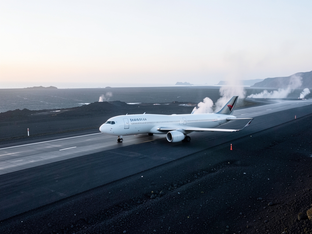 Aerial view commercial misty North Atlantic runway dawn