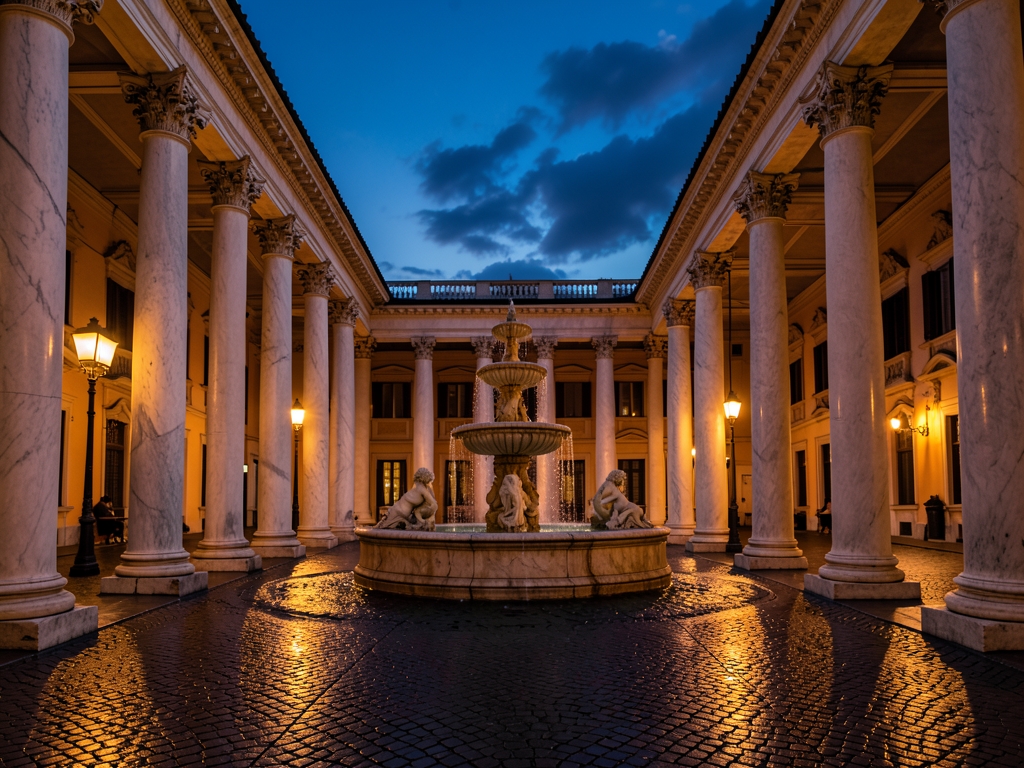 grand historic hotel courtyard Rome dusk marble columns