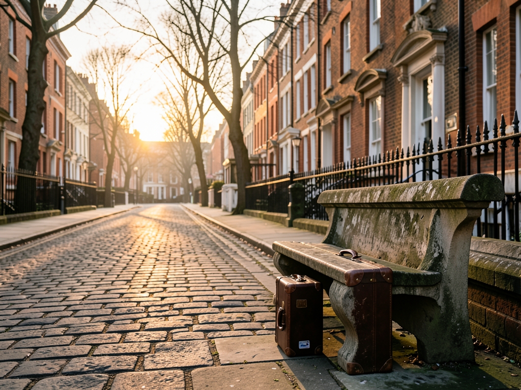 Quiet Bloomsbury terrace street dawn traveler s suitcase beside