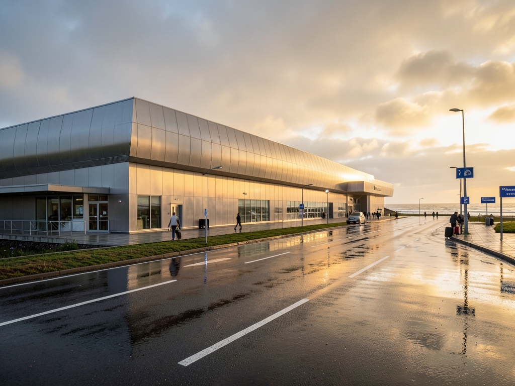Regional airport beyond rain washed coastal road brushed metal architecture
