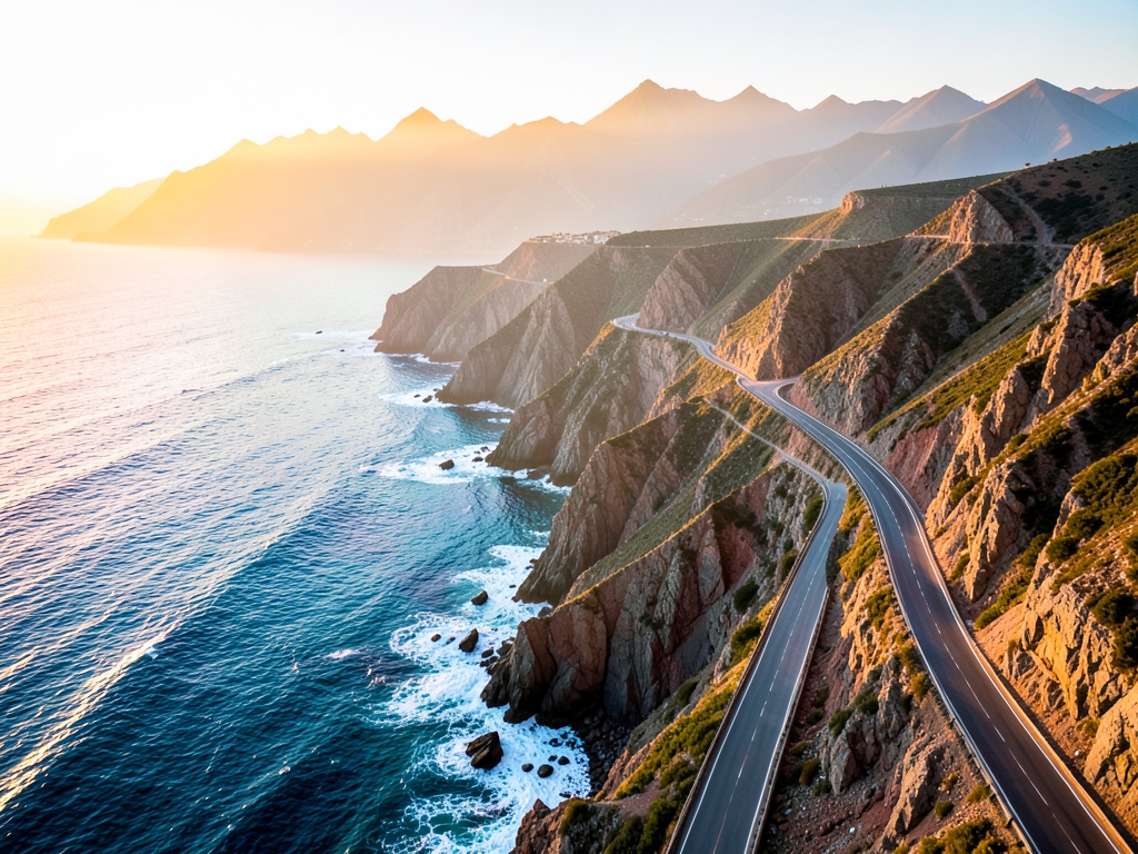 Aerial view winding coastal highway along rugged cliffs