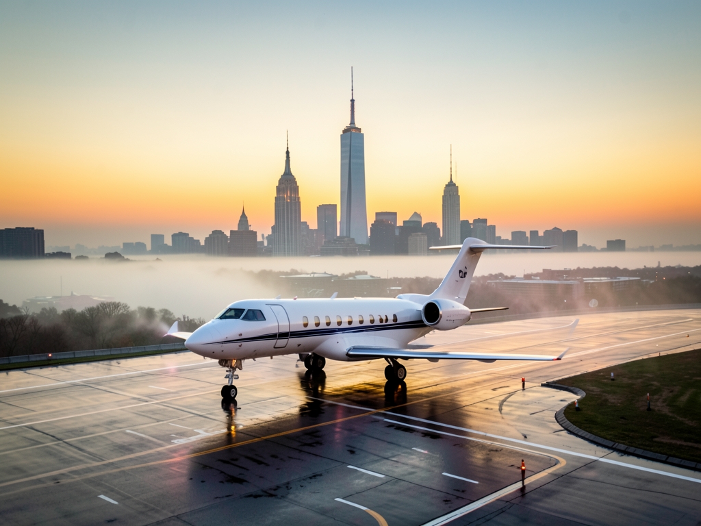 Aerial view private taxiing along runway dawn surrounded