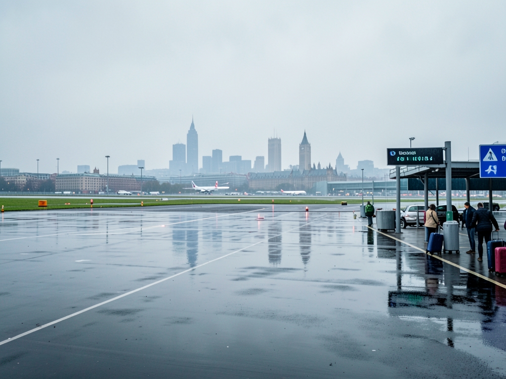 Overcast London skyline beyond airport runway rain slicked tarmac