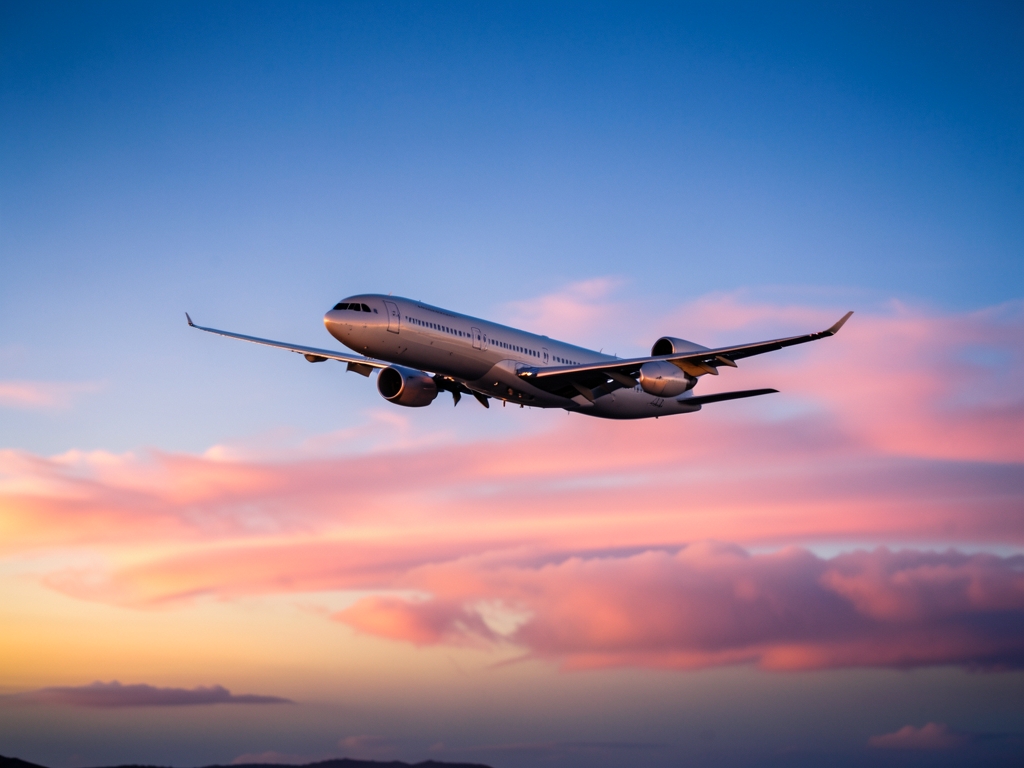 Wide body airplane soaring above soft pink clouds dawn