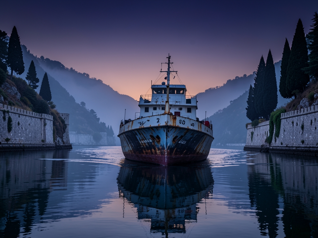 larger vessel slowly drifting through Bosphorus narrows blue