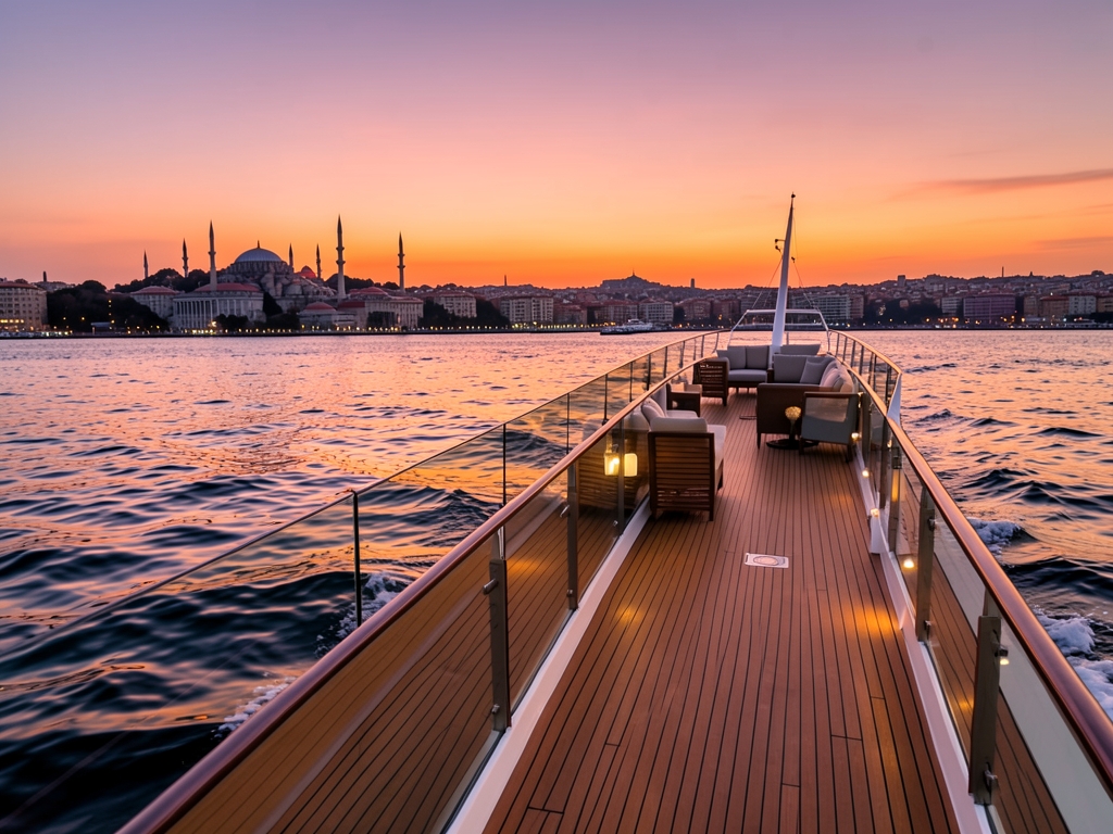 Elegant cruise boat gliding along Bosphorus sunset polished