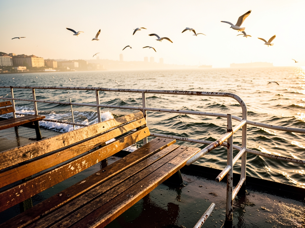 sunlit Bosphorus ferry deck late afternoon with worn