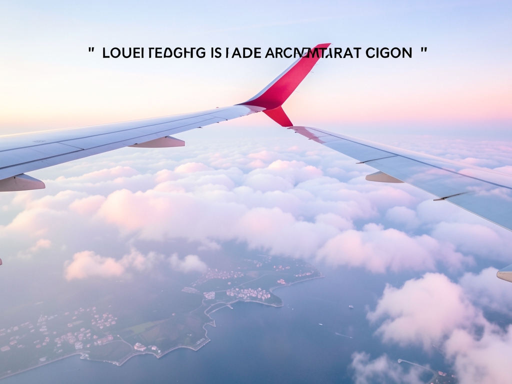 Airplane wing gliding above sunlit clouds dawn hazy