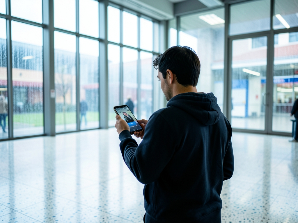 traveler seen from behind checking smartphone bright Italian