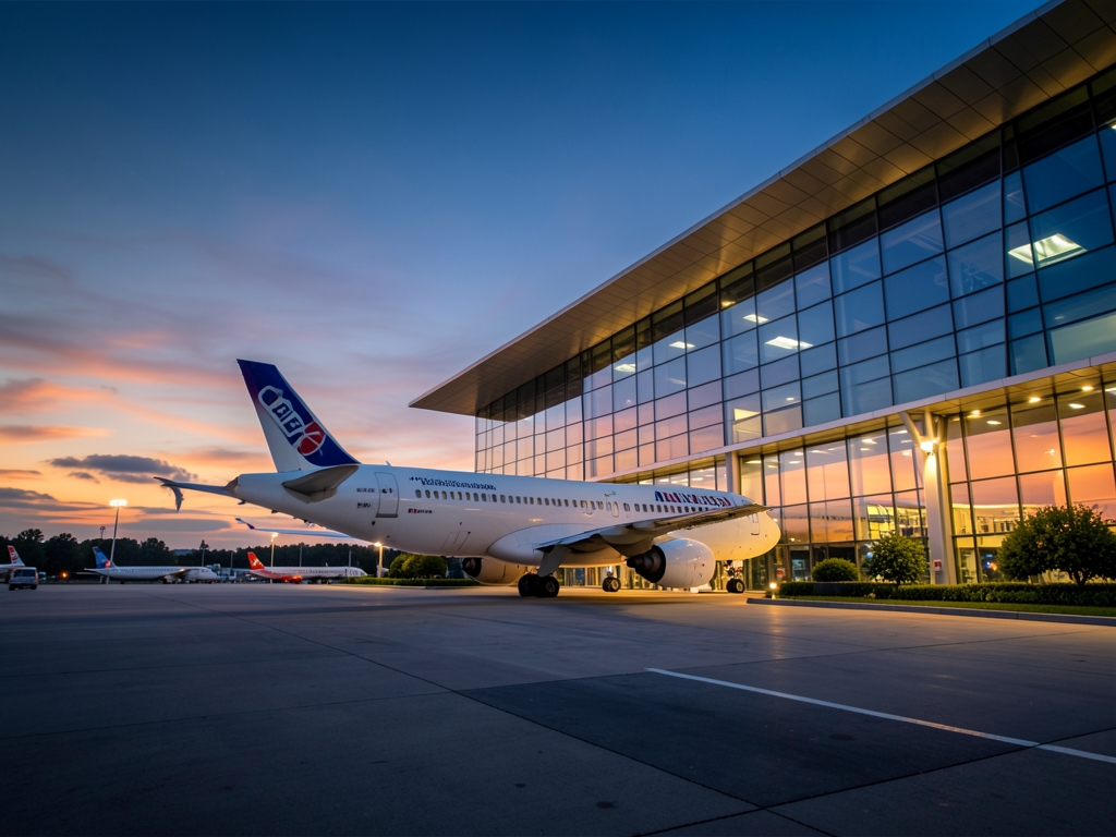 Modern Italian airport terminal exterior dusk with tarmac