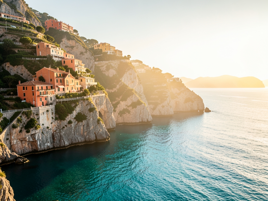 Golden hour over Amalfi Coast where sun bleached limestone