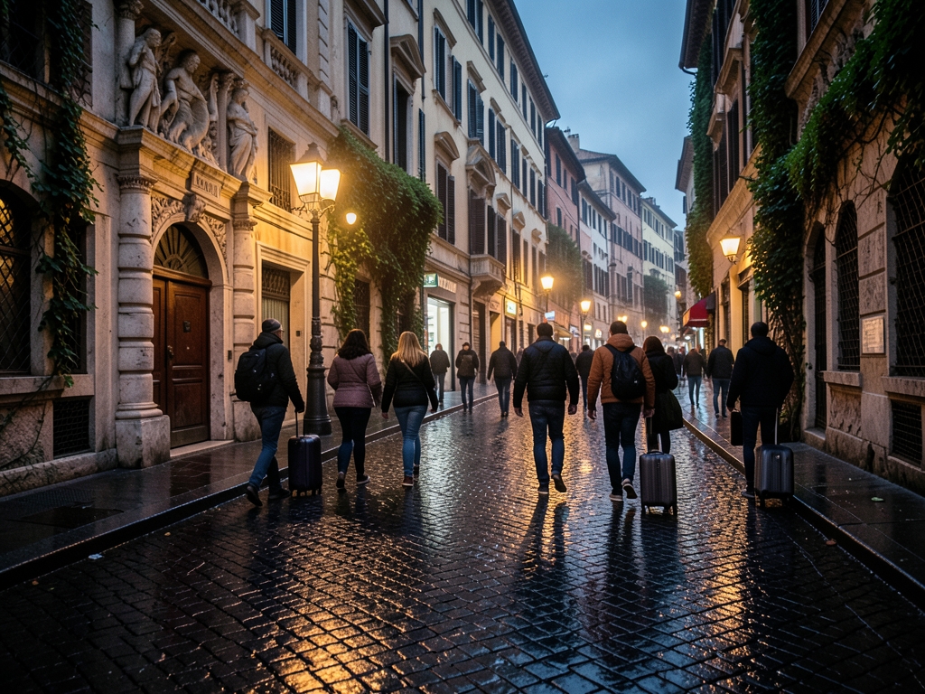 Rome s ancient stone streets dusk rain slicked cobblestones reflecting