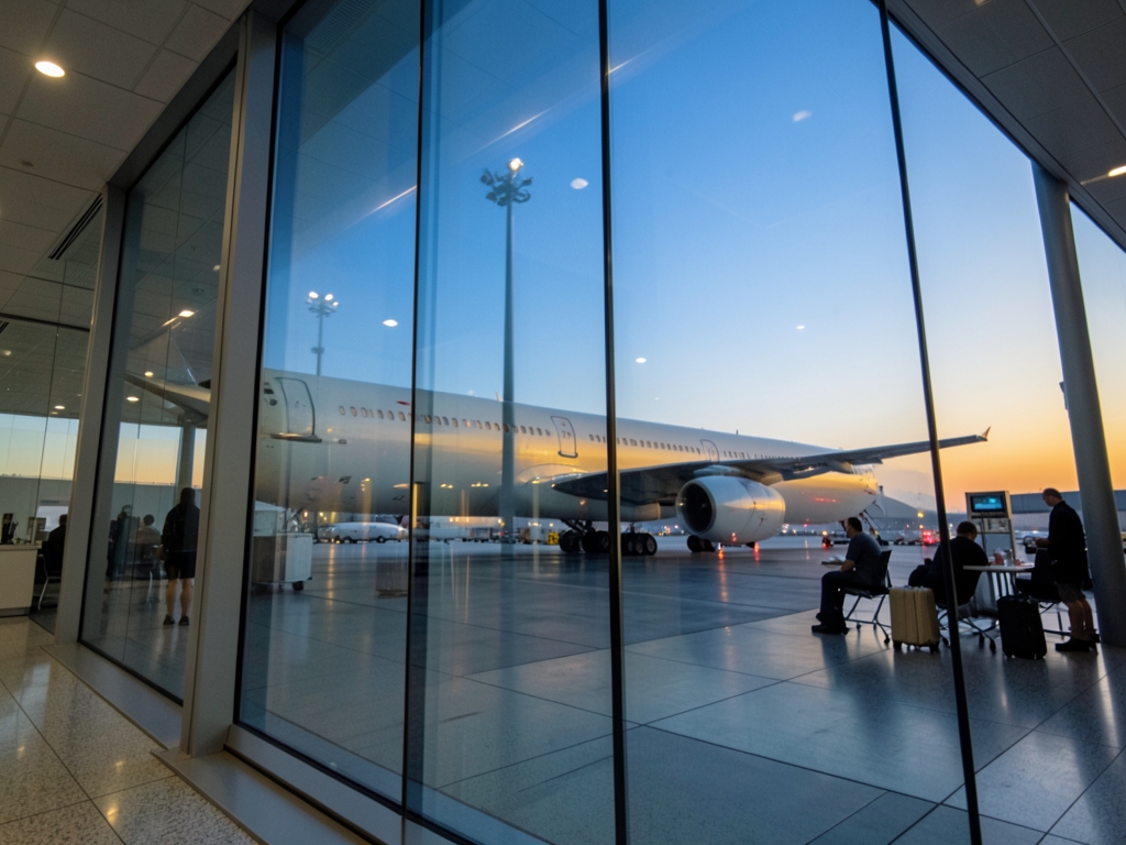 Airport terminal glass reflecting airplane tarmac dawn soft