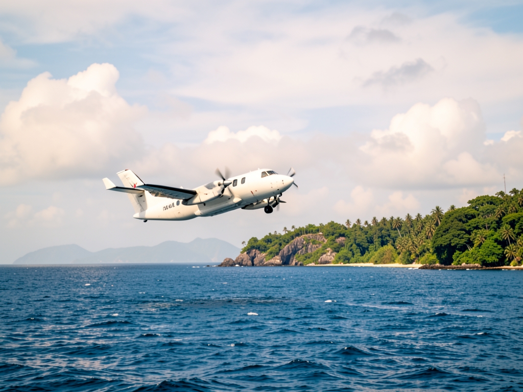 white turboprop crossing Java toward Belitung s green coastline