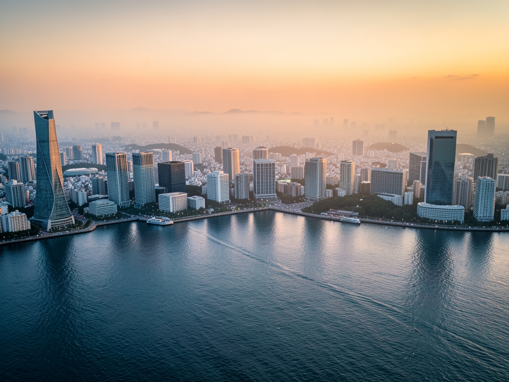 serene aerial view over Tokyo golden hour where