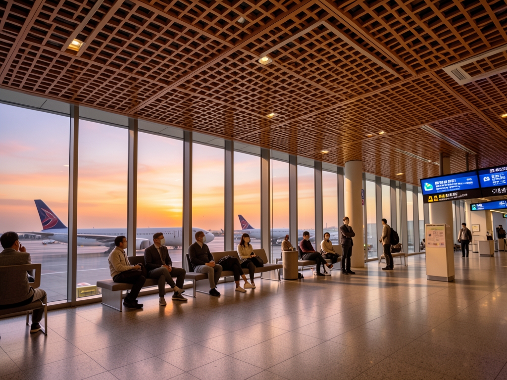 serene Japanese airport terminal with warm wooden lattice