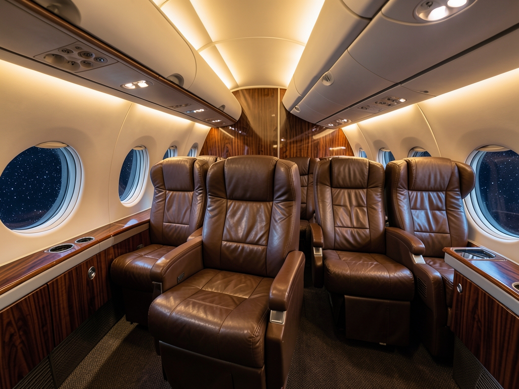 Soft cabin lighting inside wide airplane cabin with