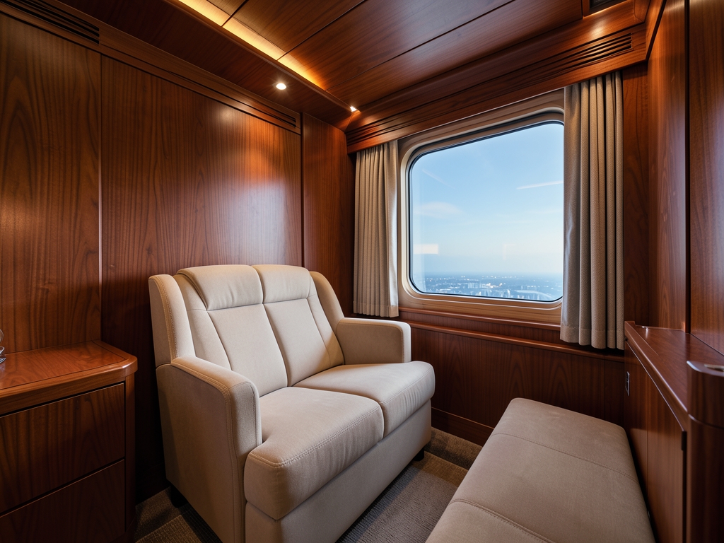 Quiet first class cabin interior with warm wood panels