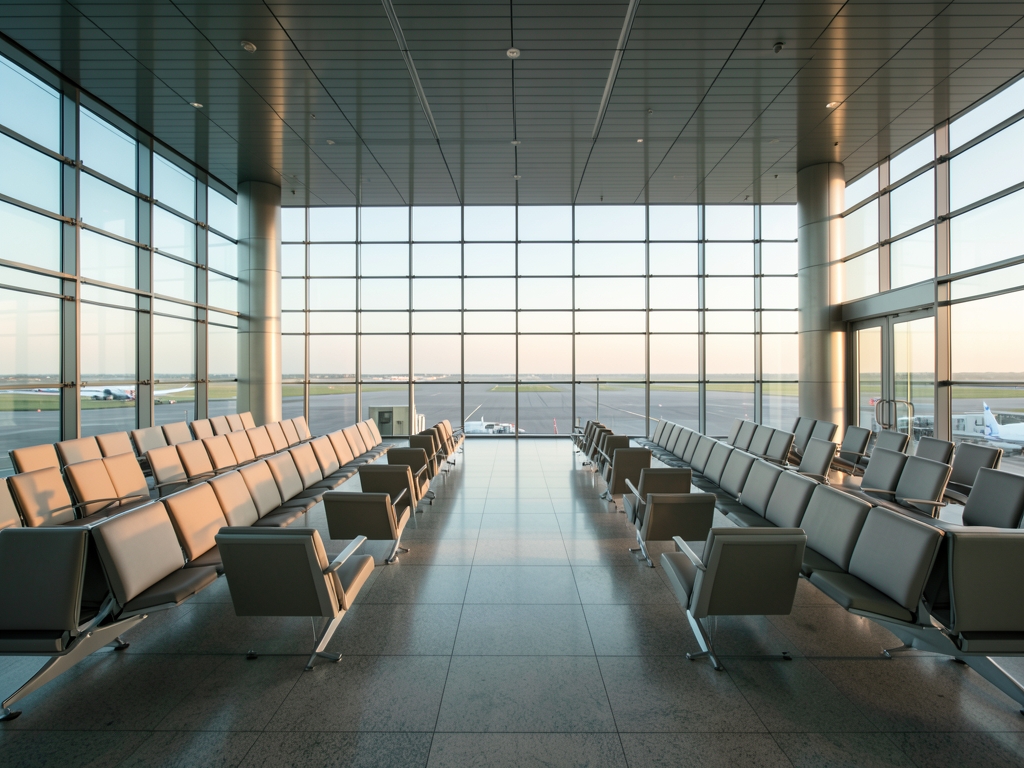 Modern glass terminal interior bathed soft dawn light