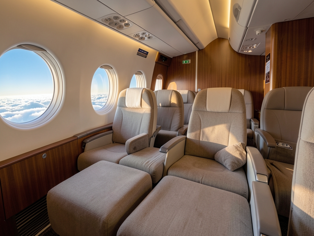 Soft morning light spacious airplane business class cabin with