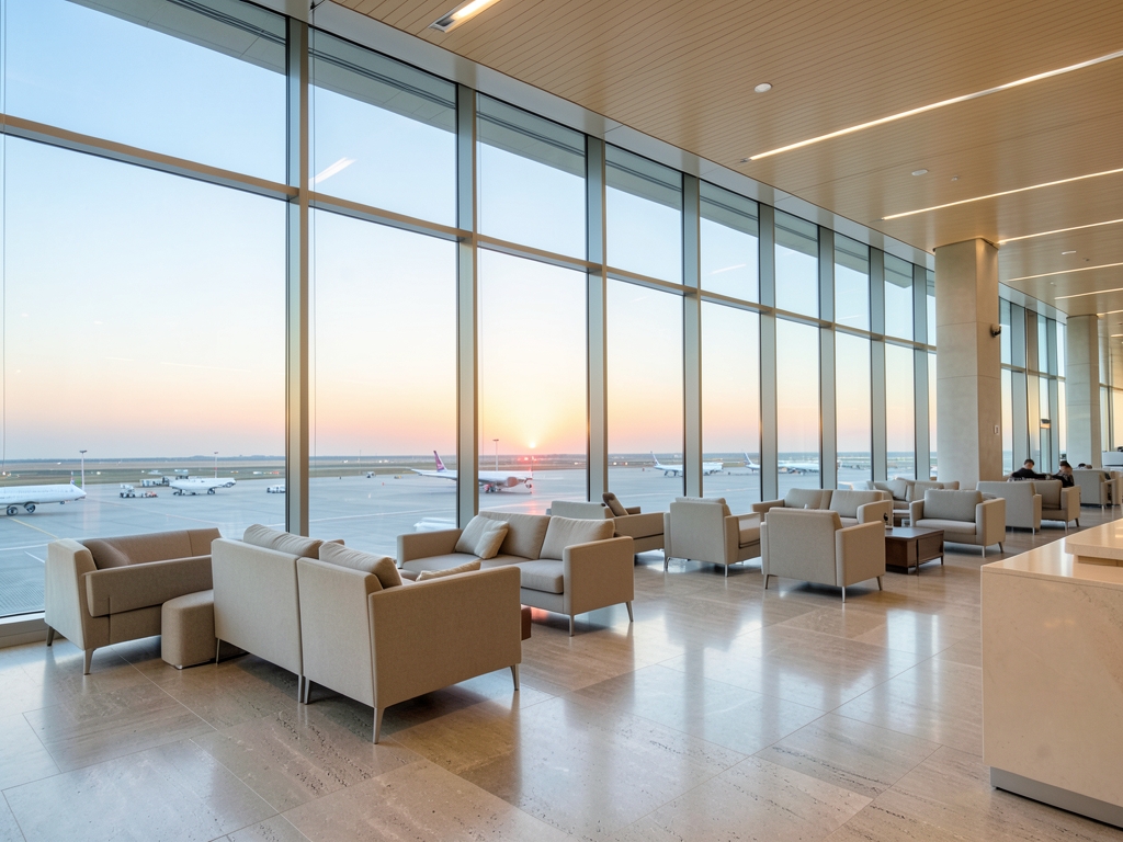 Modern airport terminal lounge dawn floor to ceiling glass pale