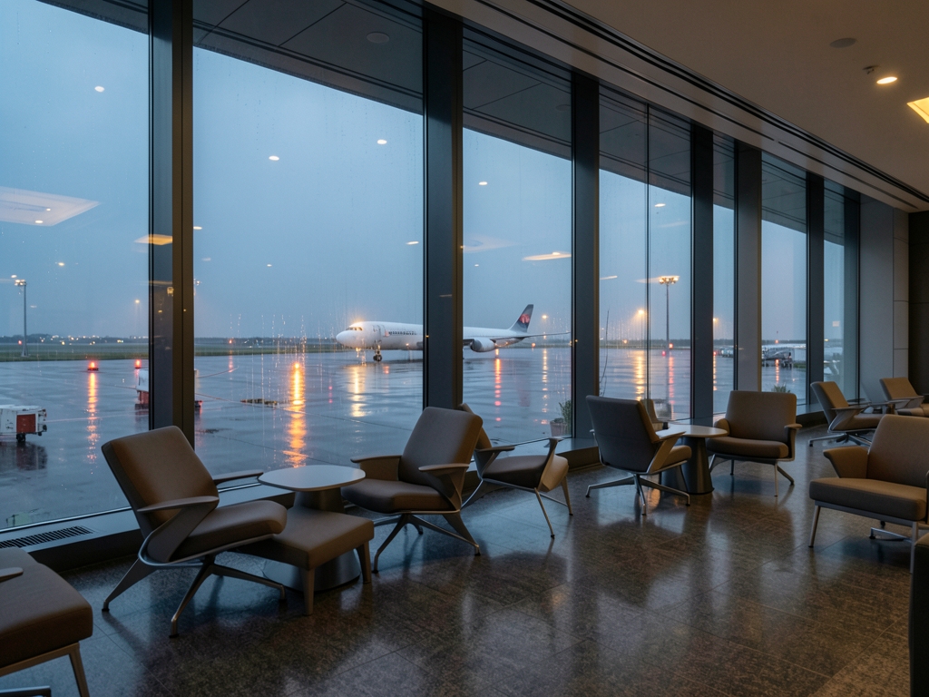 Twilight view from modern airport terminal lounge floor to ceiling