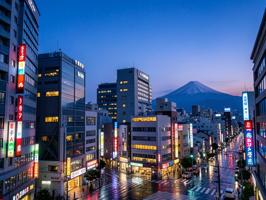 Tokyo cityscape blue hour with glowing skyscrapers distant