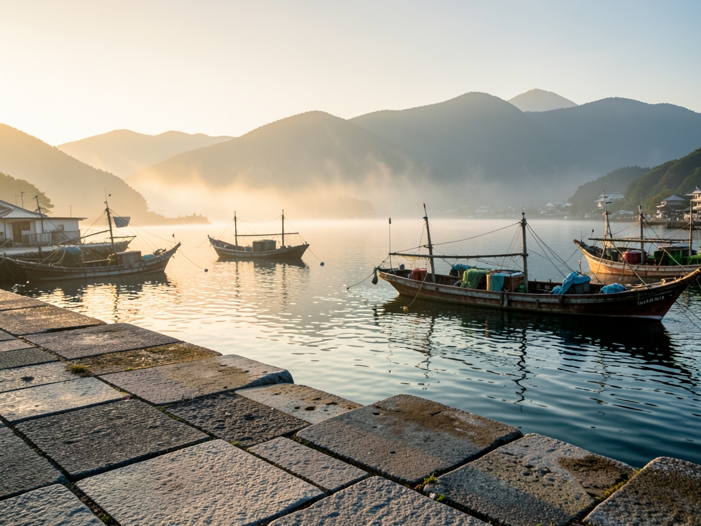 serene dawn over traditional Japanese harbor where weathered