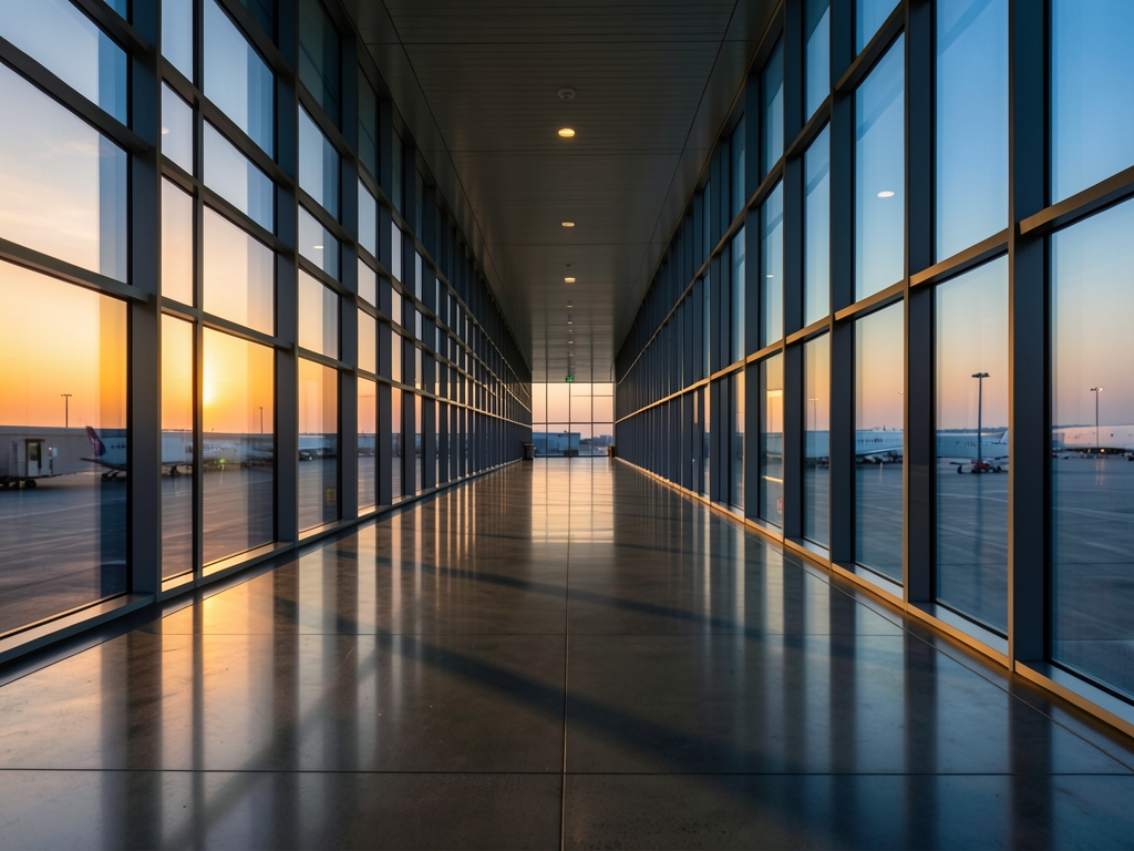 Modern airport terminal corridor dusk with tall glass