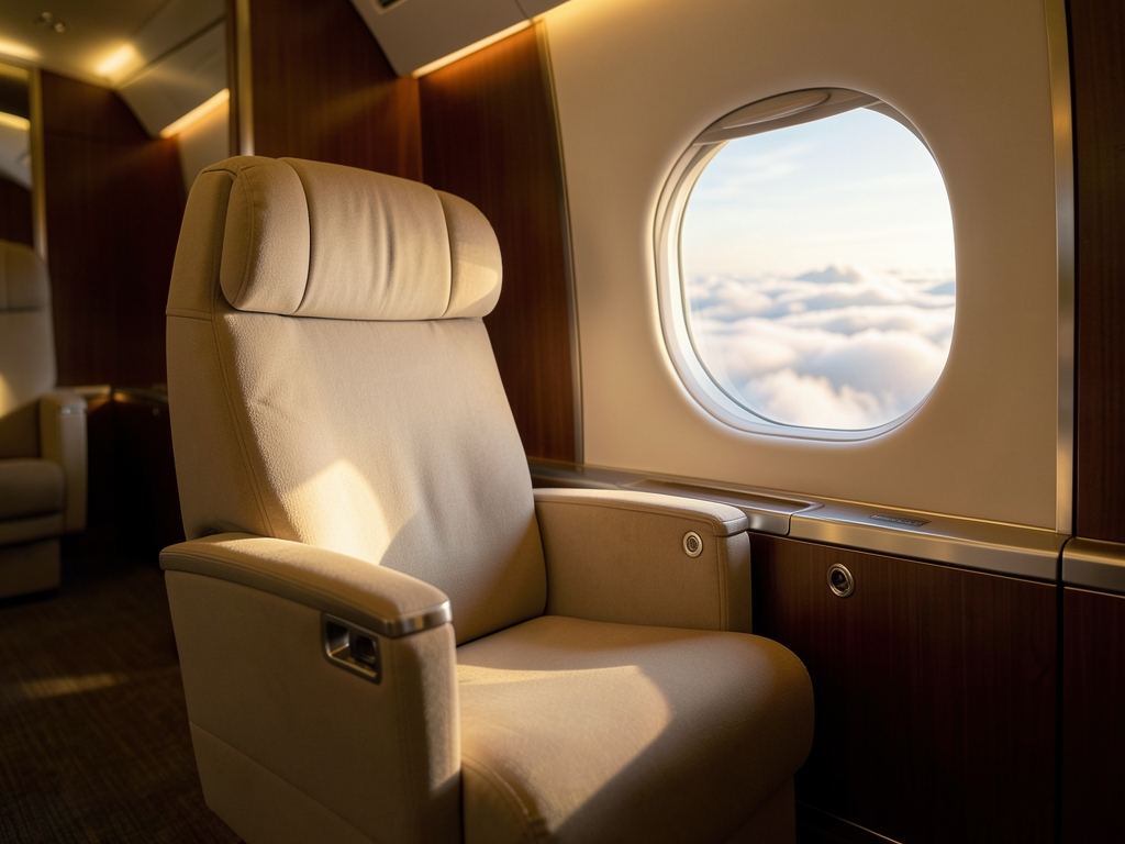 Business class cabin interior with wide seat warm wood
