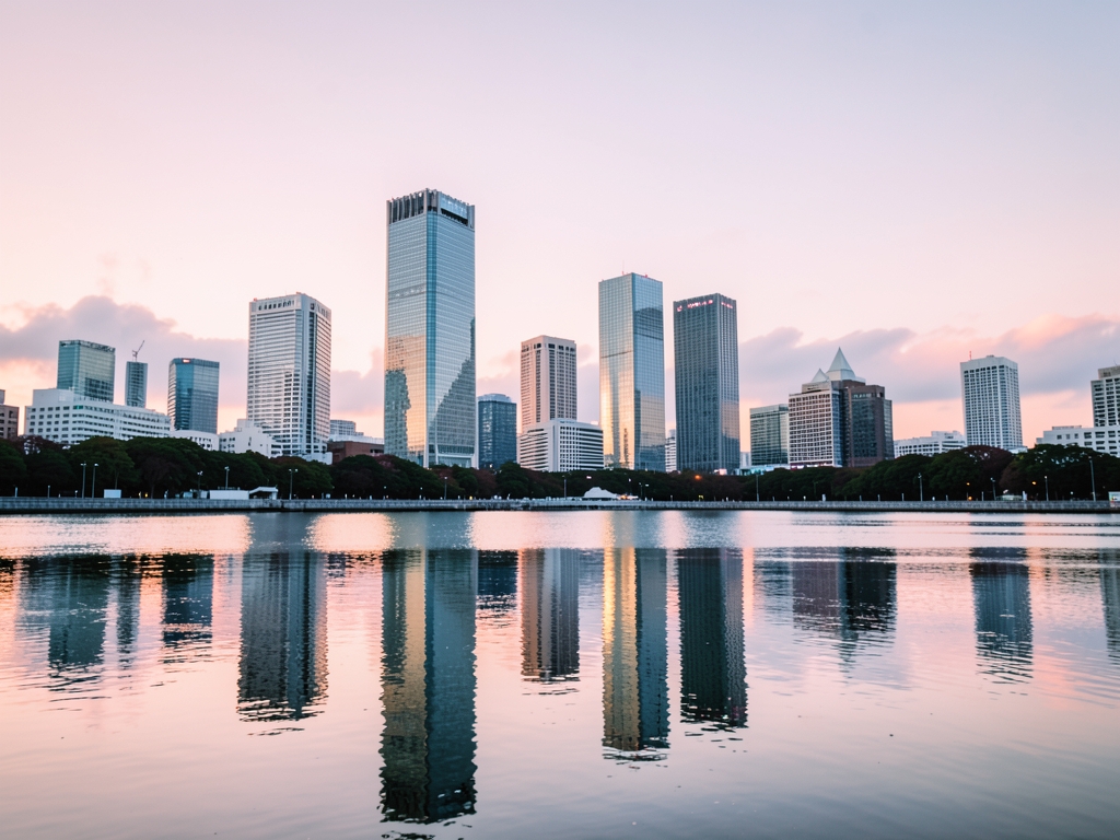 Tokyo skyline sunrise with glass towers clouds pale