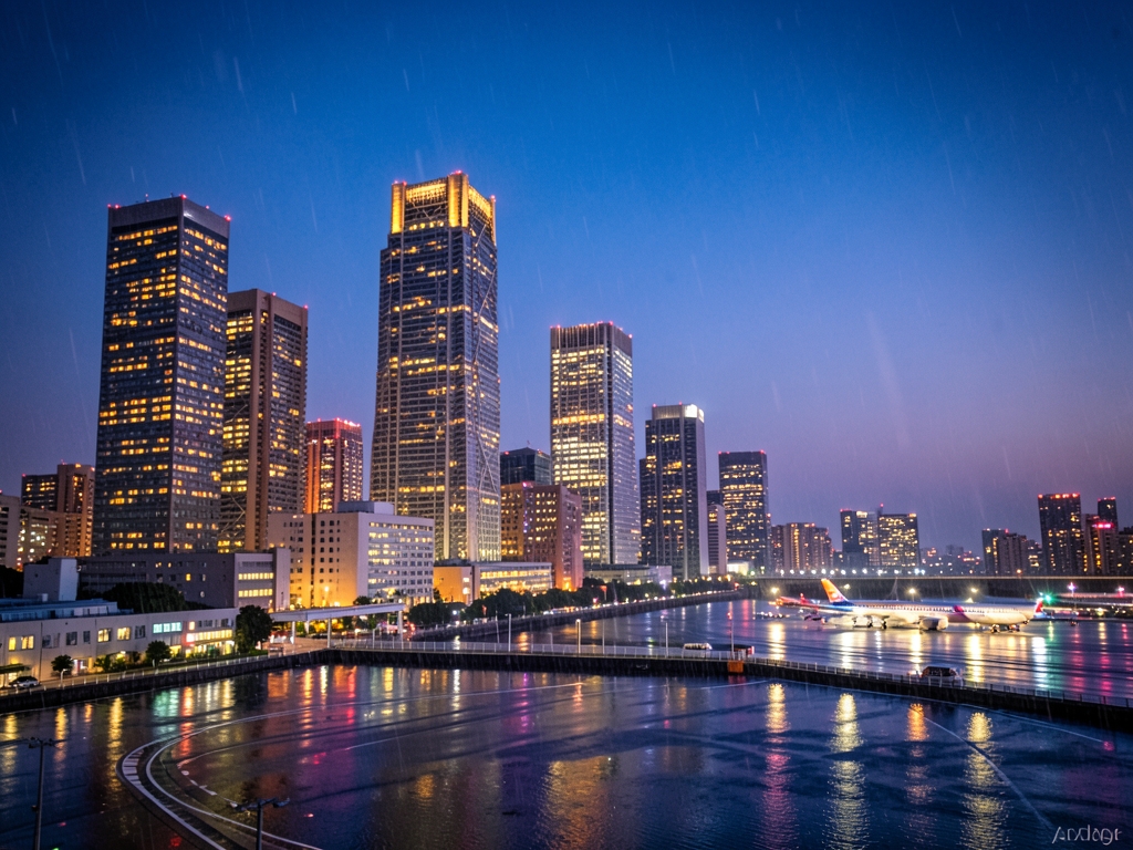 Twilight skyline Tokyo with glowing towers soft rain