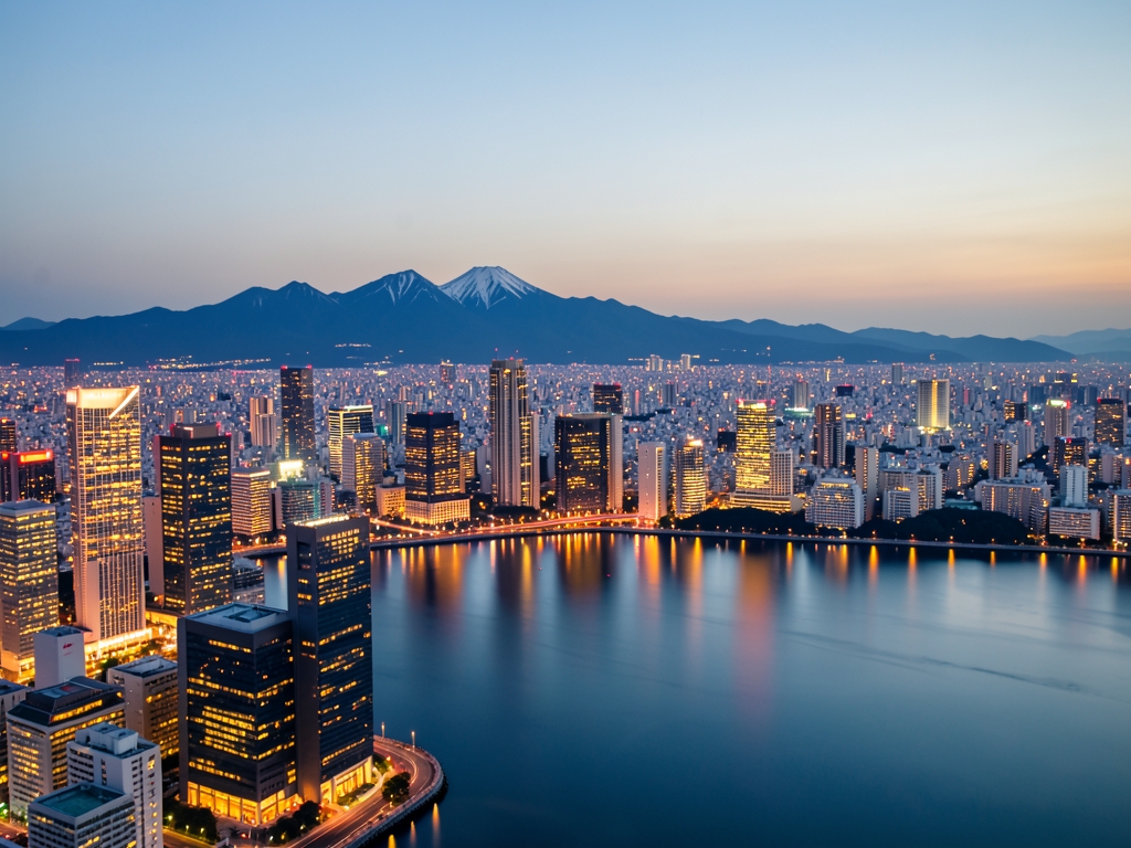 Tokyo skyline dusk with glowing towers distant mountain