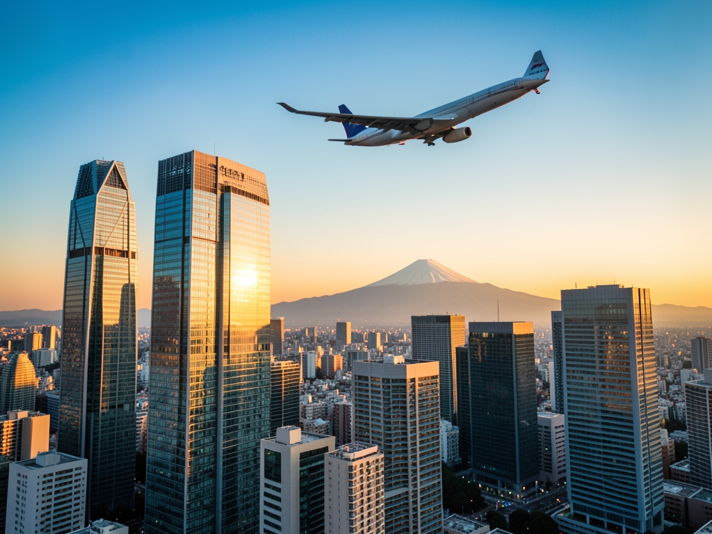 Tokyo skyline golden hour with sleek modern towers