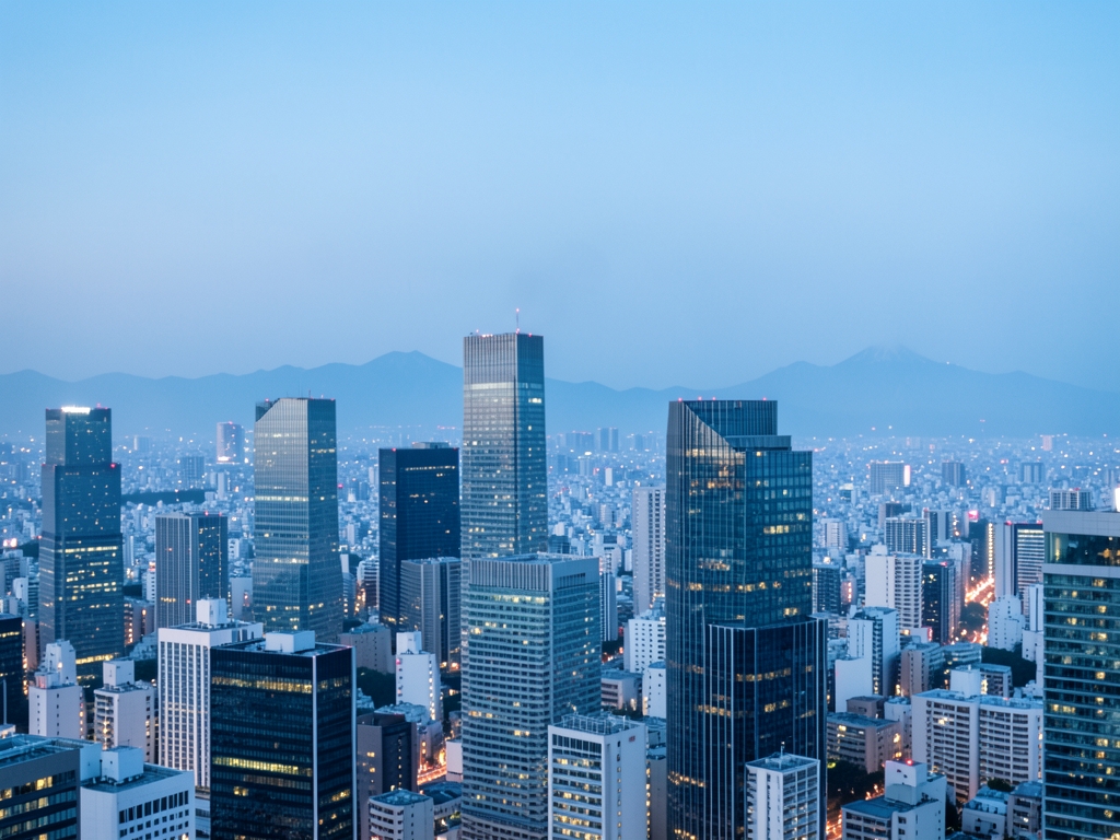 Tokyo skyline dusk with layered glass towers distant