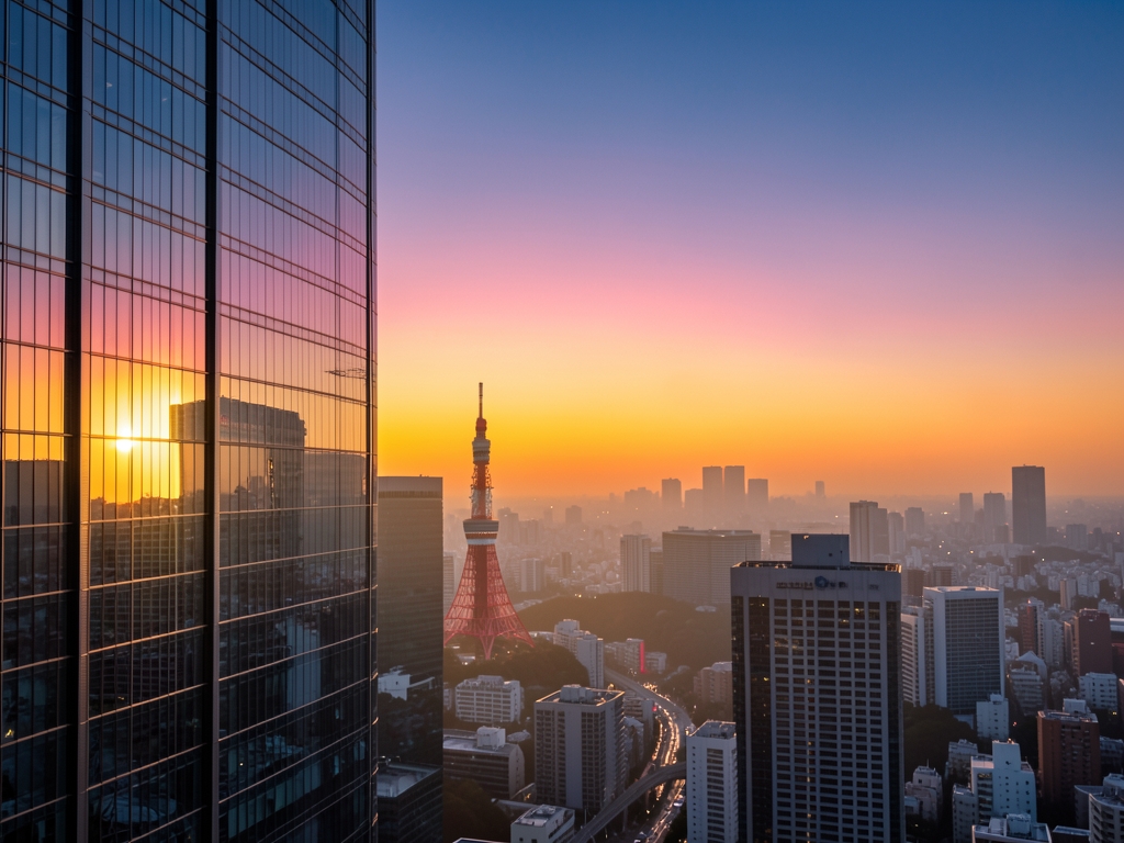 Tokyo city skyline golden hour glass skyscrapers distant