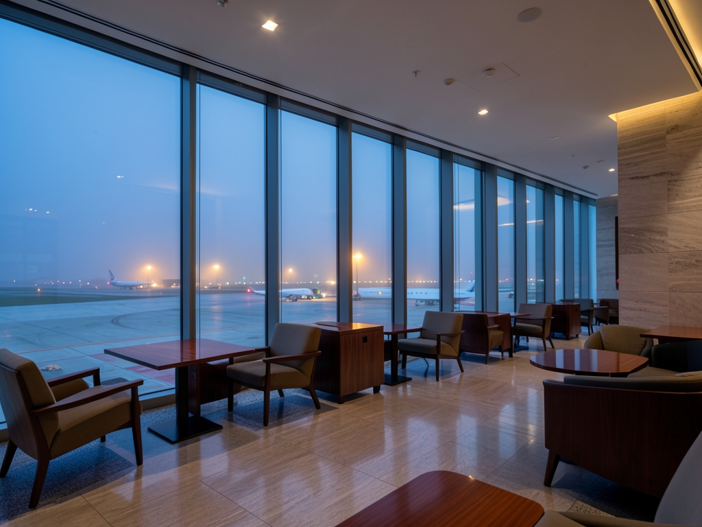 Quiet airport lounge with floor to ceiling glass polished wood
