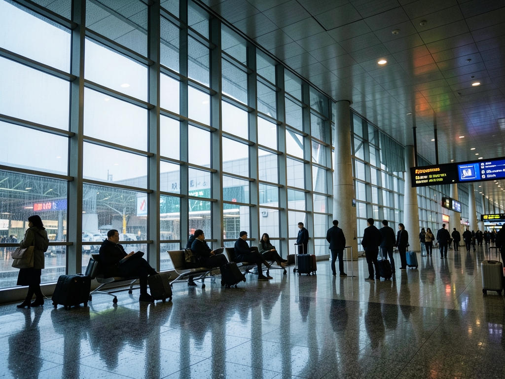 Rainy evening Tokyo airport terminal glass steel architecture