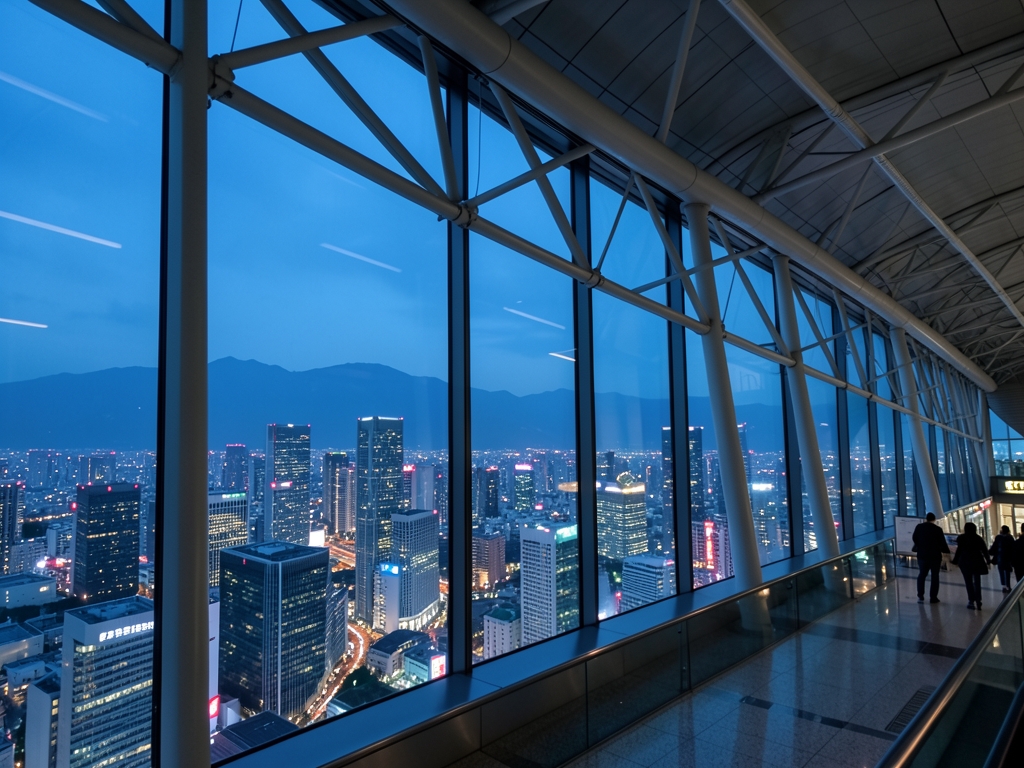 Tokyo skyline blue hour seen through vast airport