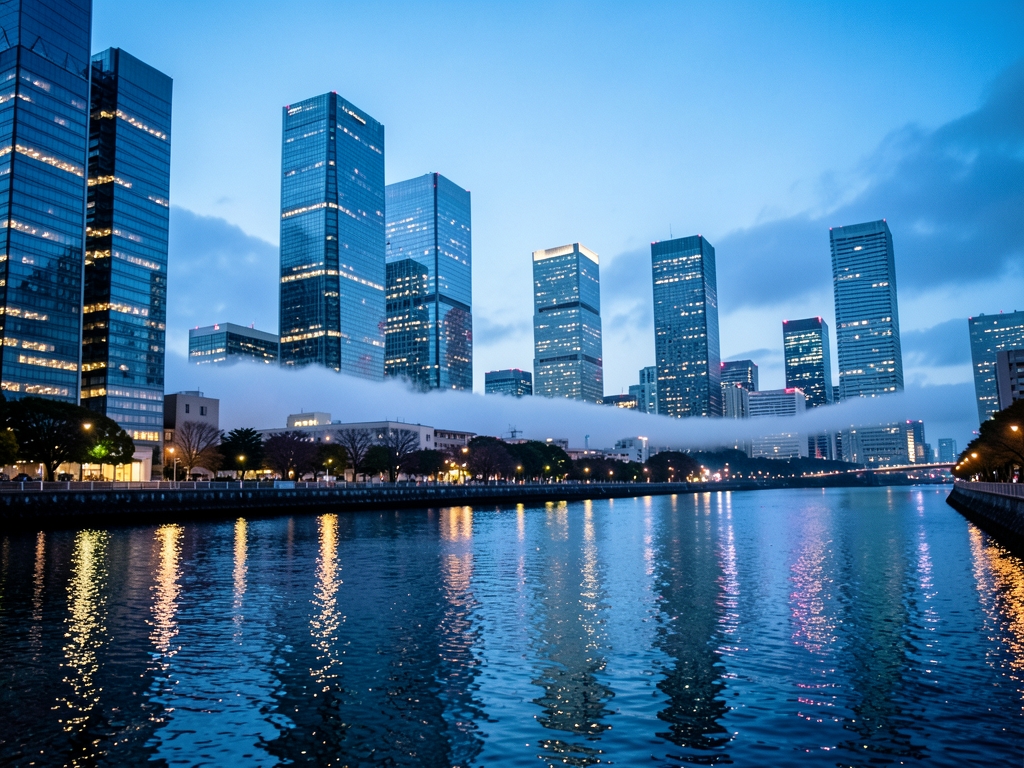 Tokyo skyline blue hour with glass towers scattered