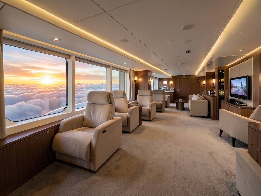 Spacious business class cabin interior with lie flat seats