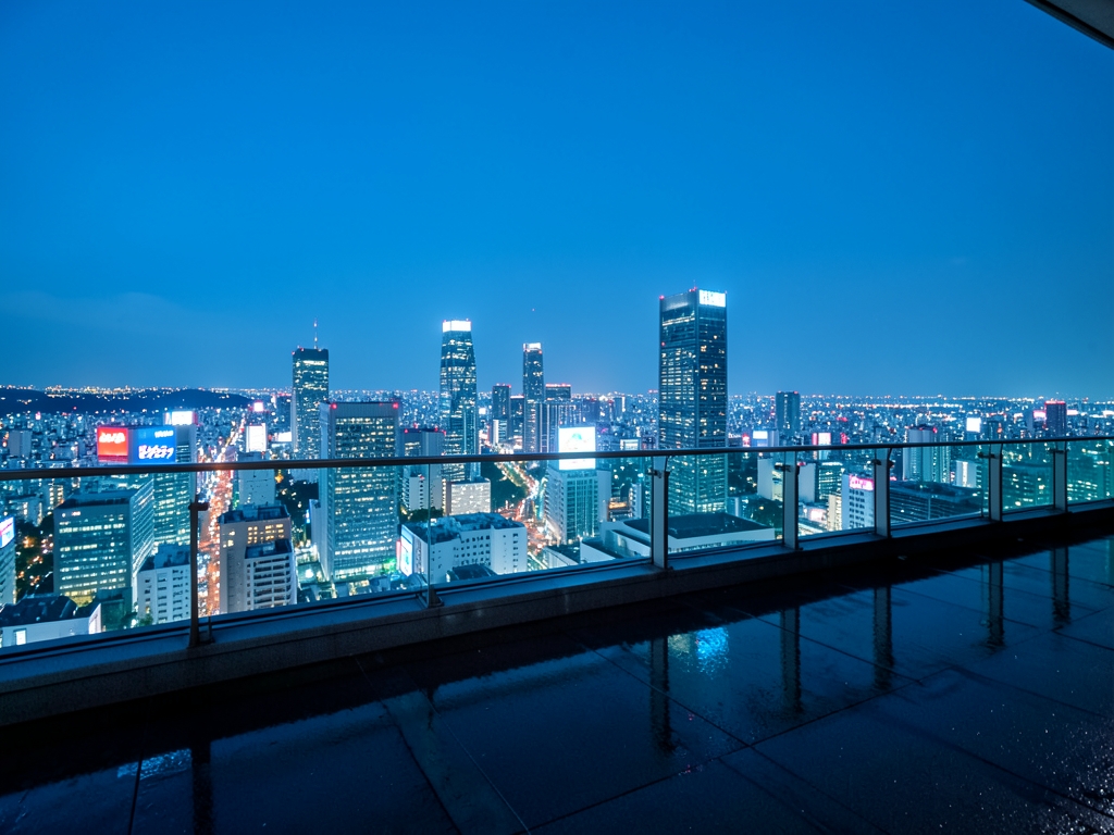 quiet night view Tokyo skyline from airport observation