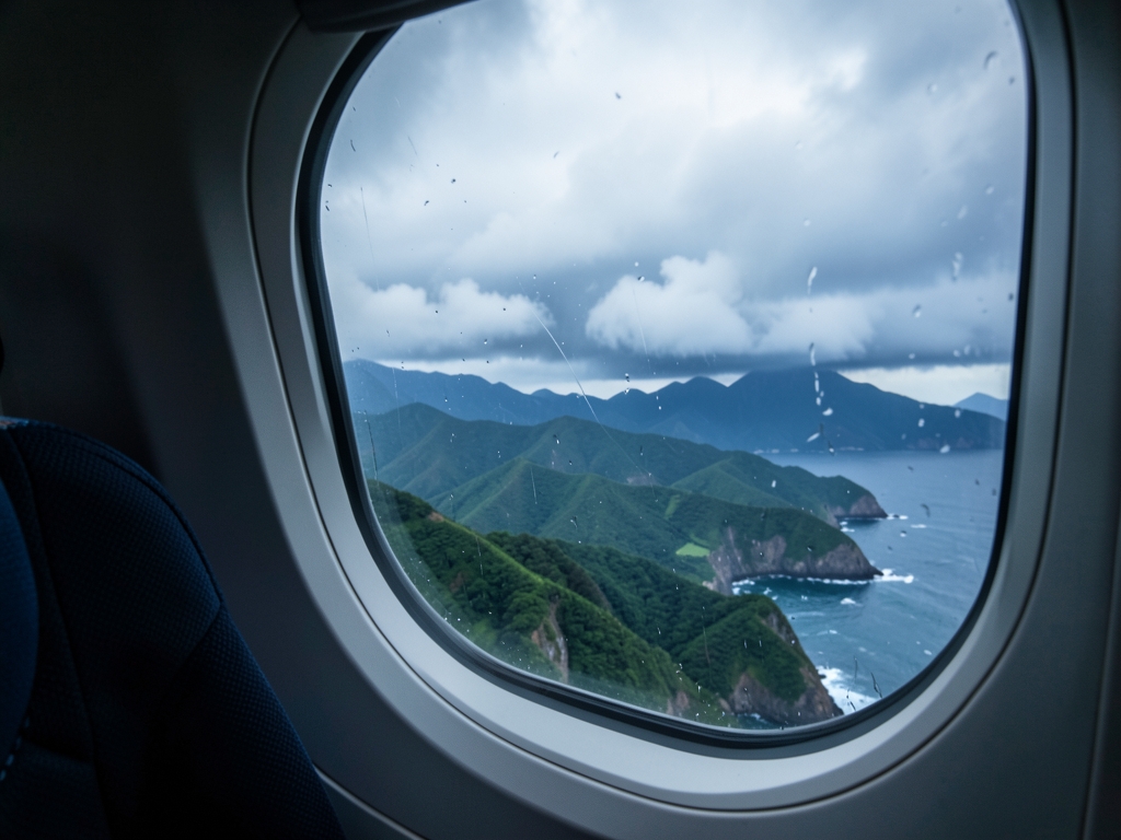 quiet aircraft window above Japan s coastline dark fabric