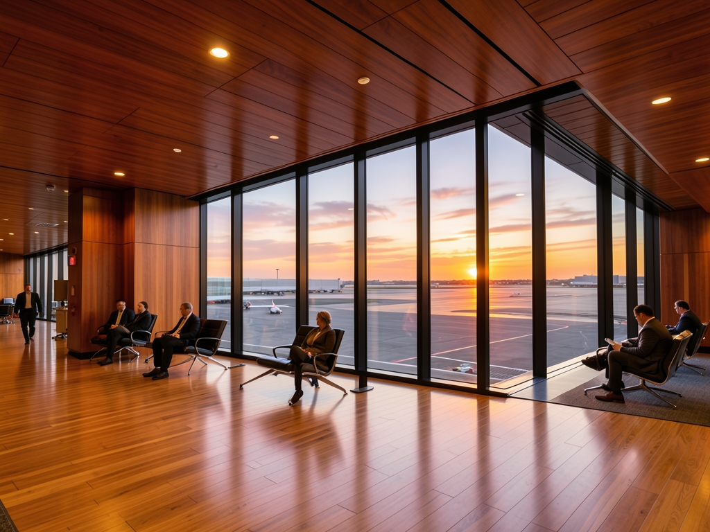 Spacious airport terminal with warm wood paneling floor to ceiling
